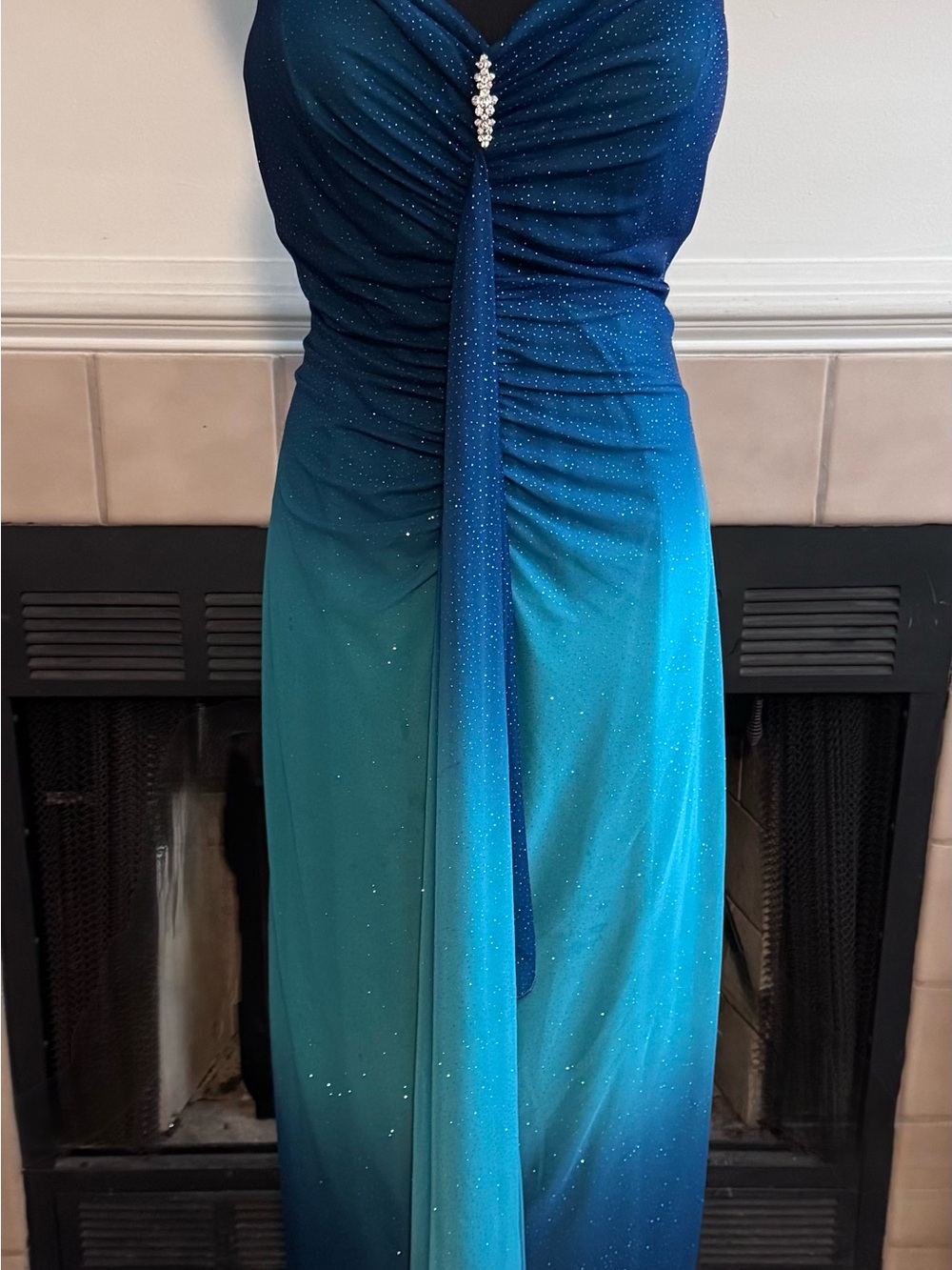 Onyx Nite Blue Ombré Cocktail/Formal Dress with Bodice Broach and Flowing Center